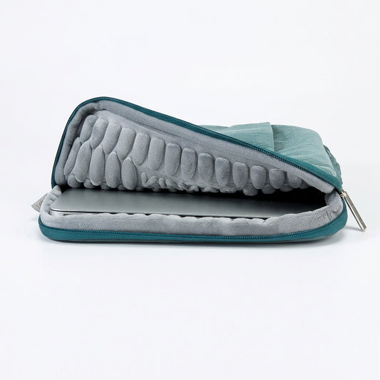 Teal corduroy Kinmac laptop bag open to show the padded grey lining
