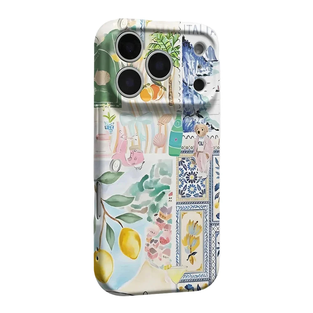 Mediterranean collage iPhone case with raised camera protection