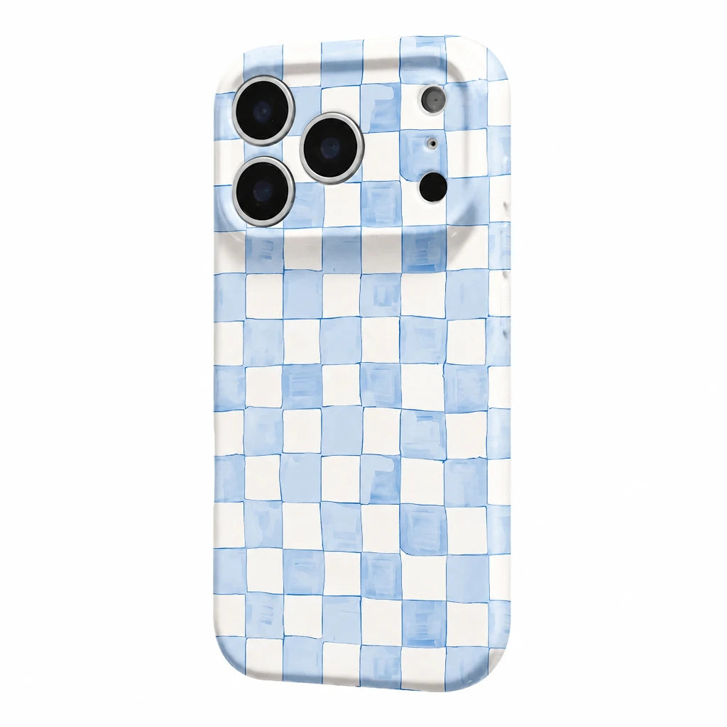 Phone case with a blue and white checkered pattern on a light gray background