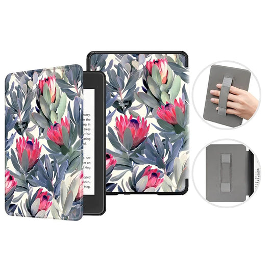 Floral patterned case for a Kindle device with additional views of the case and a hand holding it.