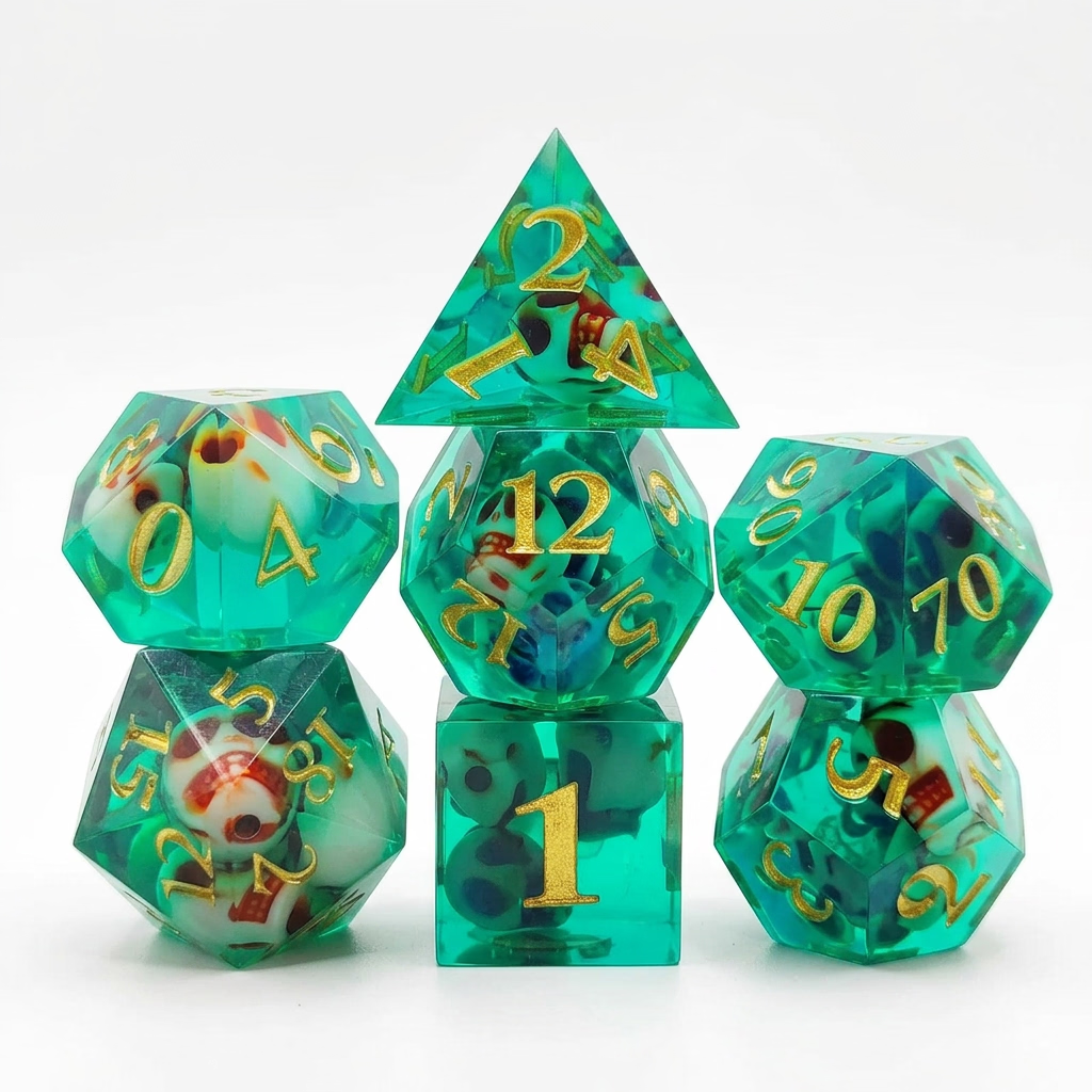 Seven translucent green resin polyhedral dice with embedded skull details and numbered faces