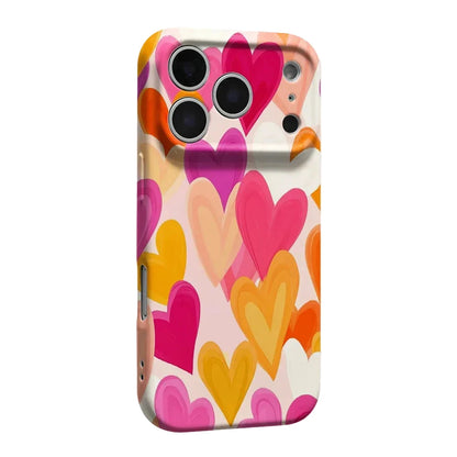 A phone case featuring a colorful pattern of overlapping hearts in pink, orange, yellow, and purple on a white background