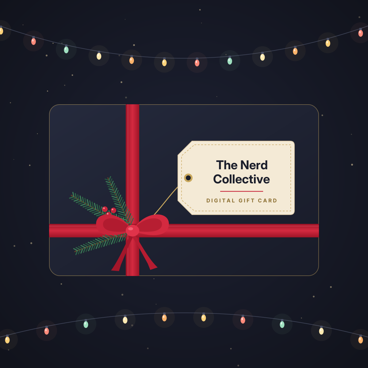 The Nerd Collective digital gift card wrapped in red ribbon with a pine sprig and fairy lights