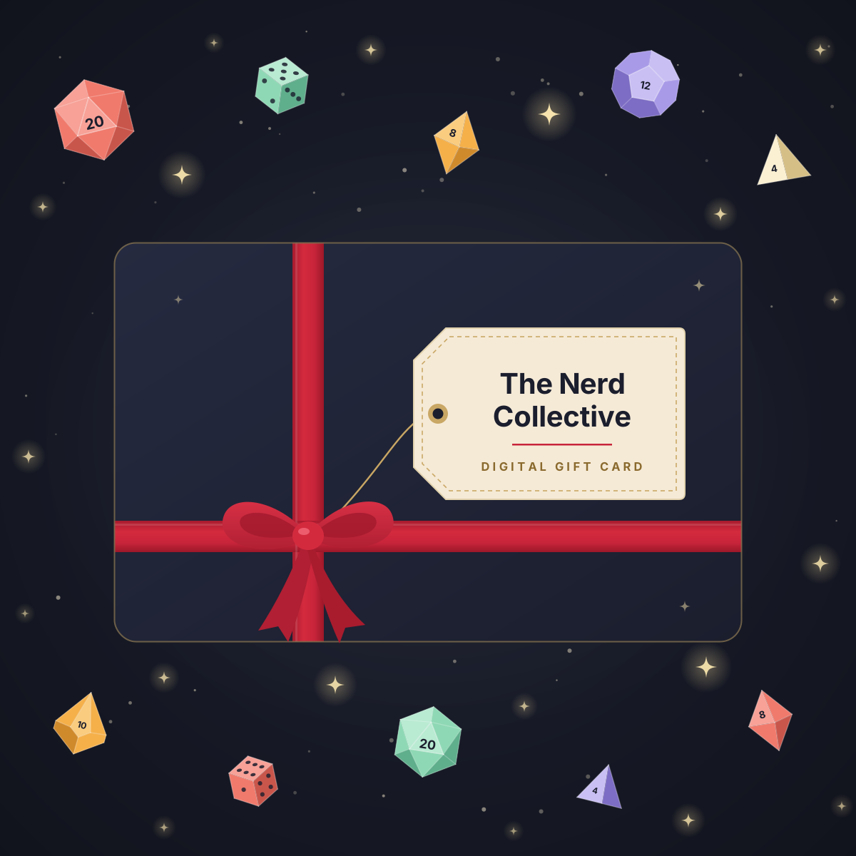 The Nerd Collective digital gift card with a red ribbon and polyhedral dice